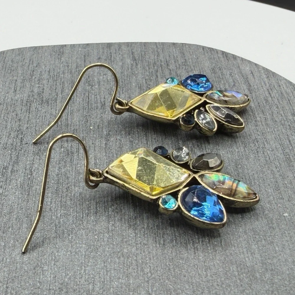 Multicolor Rhinestone Abalone Look Gold Tone Dangle Earrings Boho Statement
